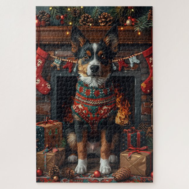 Australische Kelpie mit Weihnachtsgeschenken Feuer Puzzle (Vertikal)