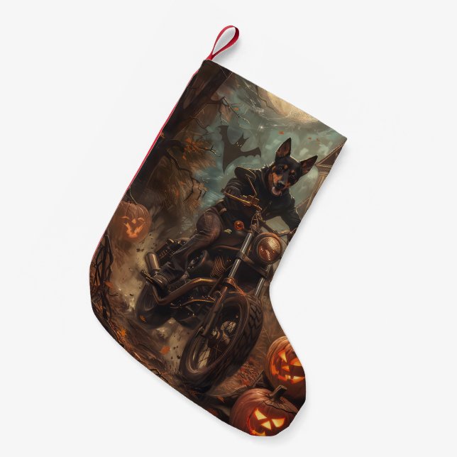 Australische Kelpie Riding Motorrad Halloween Kleiner Weihnachtsstrumpf (Vorderansicht (hängend))