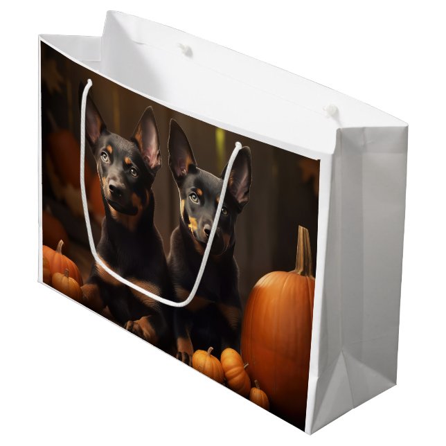 Australische Kelpie Welpe Autumn Delight Pumpkin Große Geschenktüte (Vorderseite Schrägansicht)