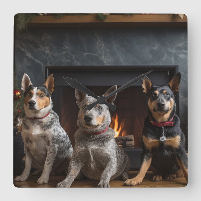 Australische Rinder am Feuerplatz Weihnachten Quadratische Wanduhr (Vorderseite)