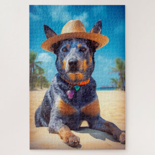 Australische Rinder am Strand, Hunde liebt Sommerg Puzzle