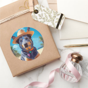 Australische Rinder am Strand, Hunde liebt Sommerg Runder Aufkleber