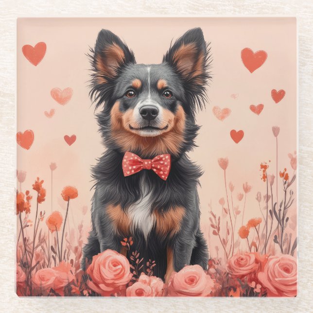 Australische Rinder mit Rose - Valentinstag Glasuntersetzer (Vorderseite)