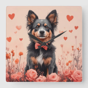 Australische Rinder mit Rose - Valentinstag Quadratische Wanduhr