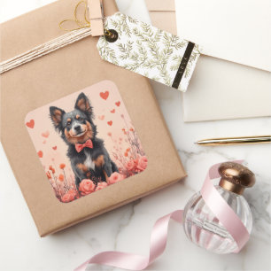 Australische Rinder mit Rose - Valentinstag Quadratischer Aufkleber