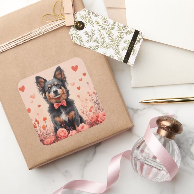 Australische Rinder mit Rose - Valentinstag Quadratischer Aufkleber (Schenken)