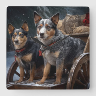 Australische Rinder Snowy Sleigh Weihnachtsdekor Quadratische Wanduhr