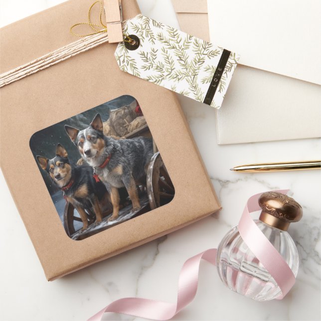 Australische Rinder Snowy Sleigh Weihnachtsdekor Quadratischer Aufkleber (Schenken)