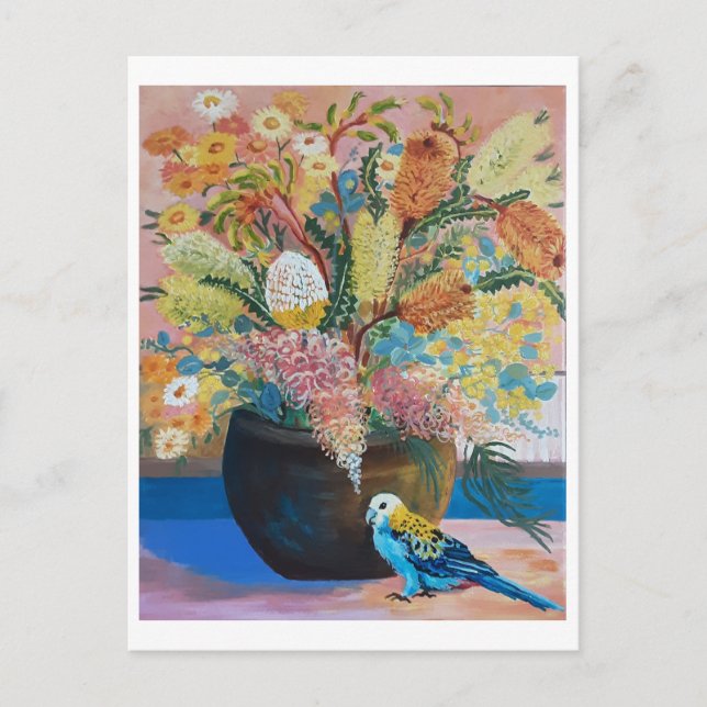Australische Rosella & Wildblumen Card Postkarte (Vorderseite)