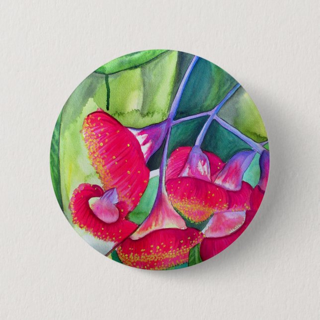 Australische Rot Blütengummi Aquarellkunst Button (Vorderseite)