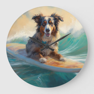 Australische Schäferhund-Strand-Surfing-Malerei Große Wanduhr