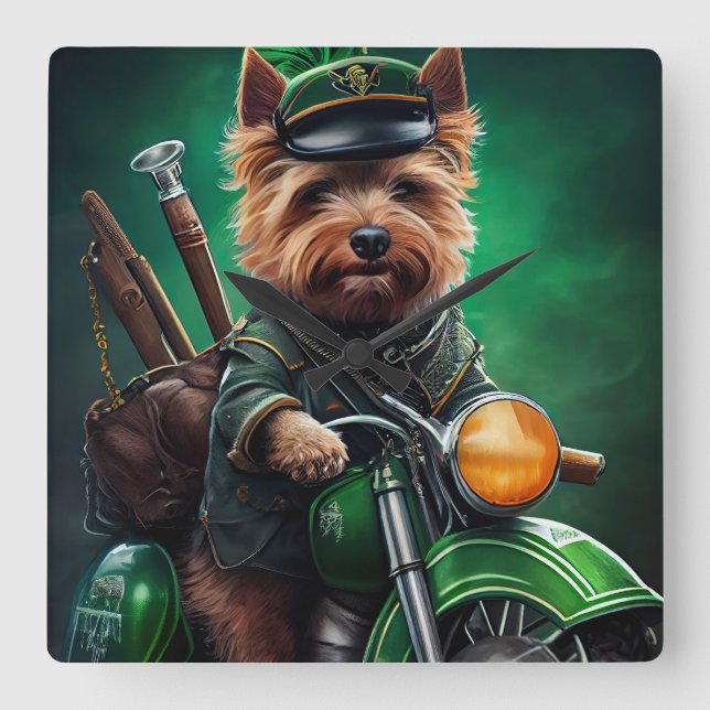 Australische Terrier Fahrrad St. Patrick's Day Quadratische Wanduhr (Vorderseite)