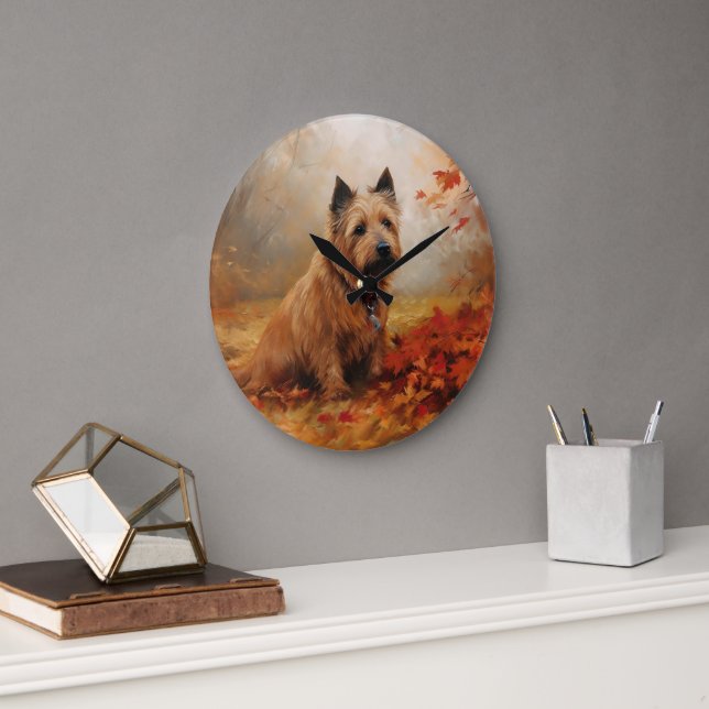 Australische Terrier im Herbst Leaves Fall Inspiri Große Wanduhr (Büro)