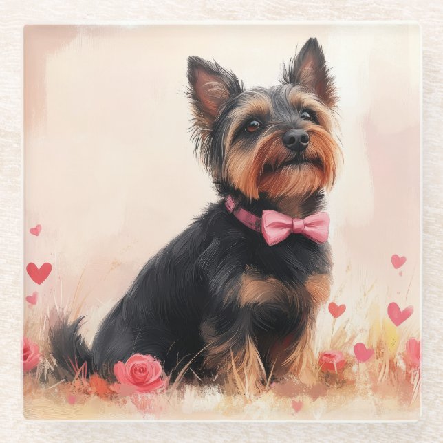 Australische Terrier mit Rose - Valentinstag Glasuntersetzer (Vorderseite)