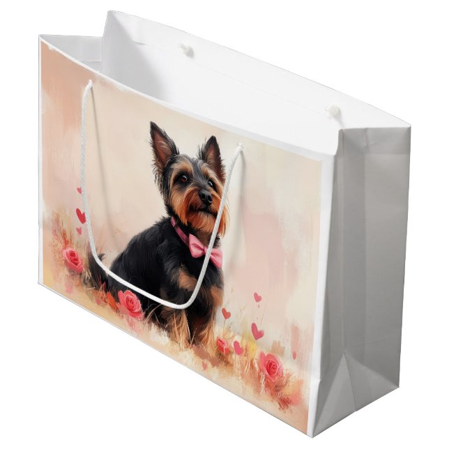 Australische Terrier mit Rose - Valentinstag Große Geschenktüte (Vorderseite Schrägansicht)