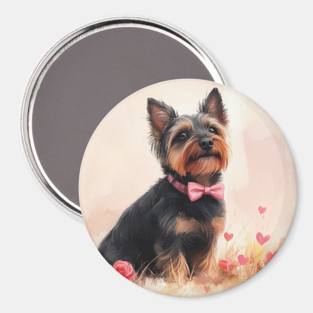 Australische Terrier mit Rose - Valentinstag Magnet (Vorderseite/Rückseite)