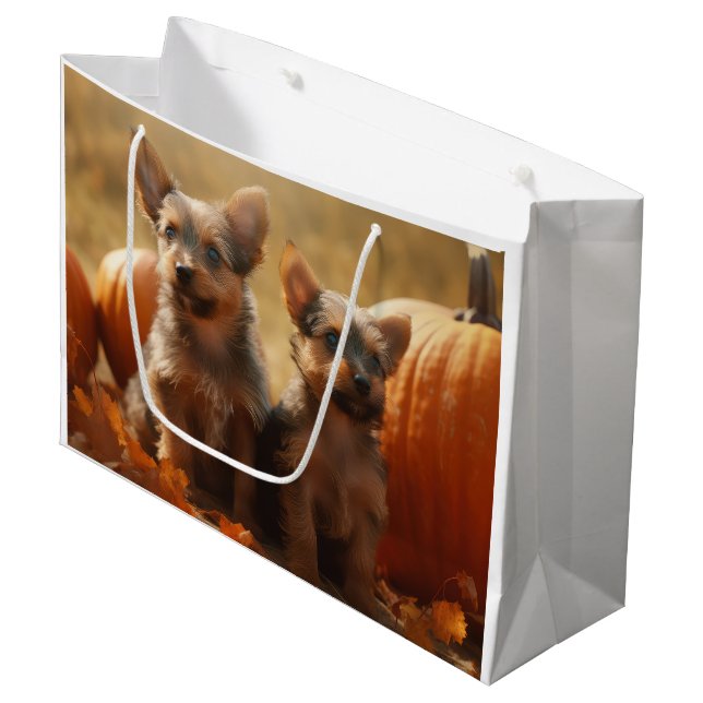 Australische Terrier Welpe Autumn Delight Pumpkin Große Geschenktüte (Vorderseite Schrägansicht)