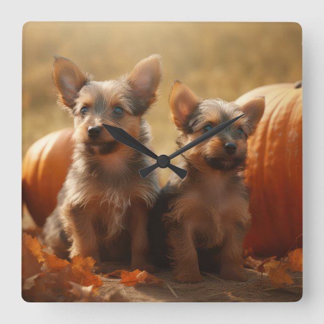 Australische Terrier Welpe Autumn Delight Pumpkin Quadratische Wanduhr (Vorderseite)