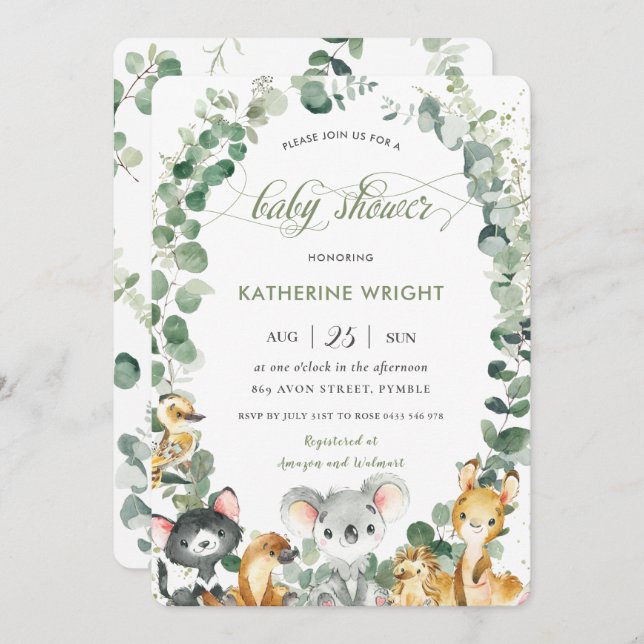 Australische Tiere Eucalyptus Greenery Baby Shower Einladung (Vorne/Hinten)