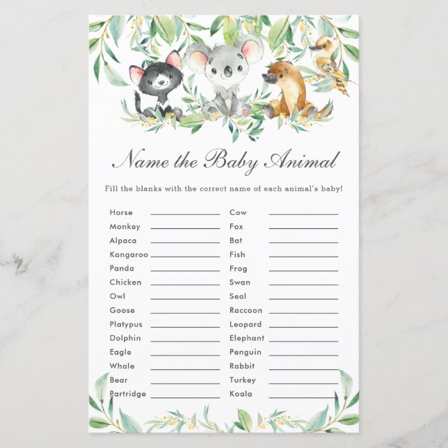 Australische Tiere Name Baby Animal Fun Game (Vorderseite)