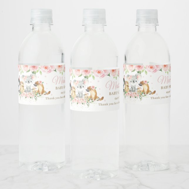 Australische Tiere Pink Floral Girl Baby Dusche Wasserflaschenetikett (Flaschen)