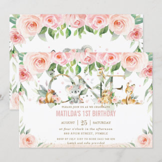 Australische Tiere Rosa Floral Eins 1. Geburtstag Einladung