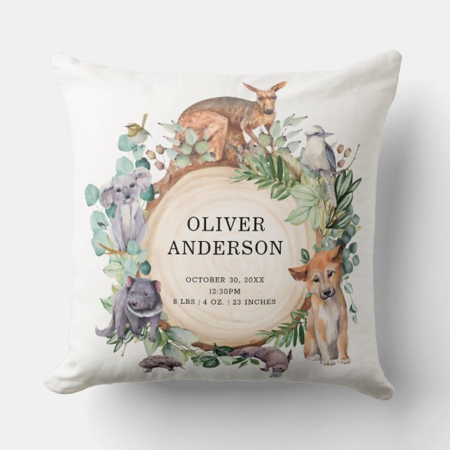 Australische Tiere Wildlife Baby Boy Birth Stats Kissen (Vorderseite)