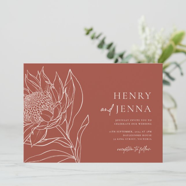 Australische Ureinwohner Botanicals Waratah Protea Einladung (Stehend Vorderseite)