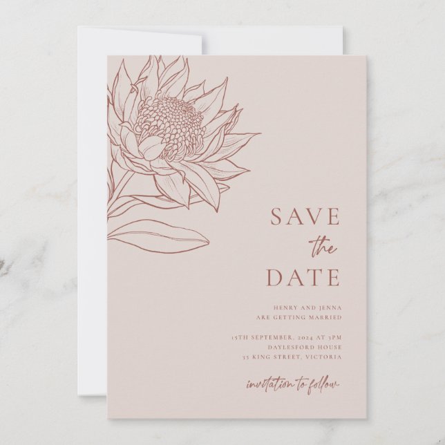 Australische Ureinwohner Botanicals Waratah Protea Save The Date (Vorderseite)