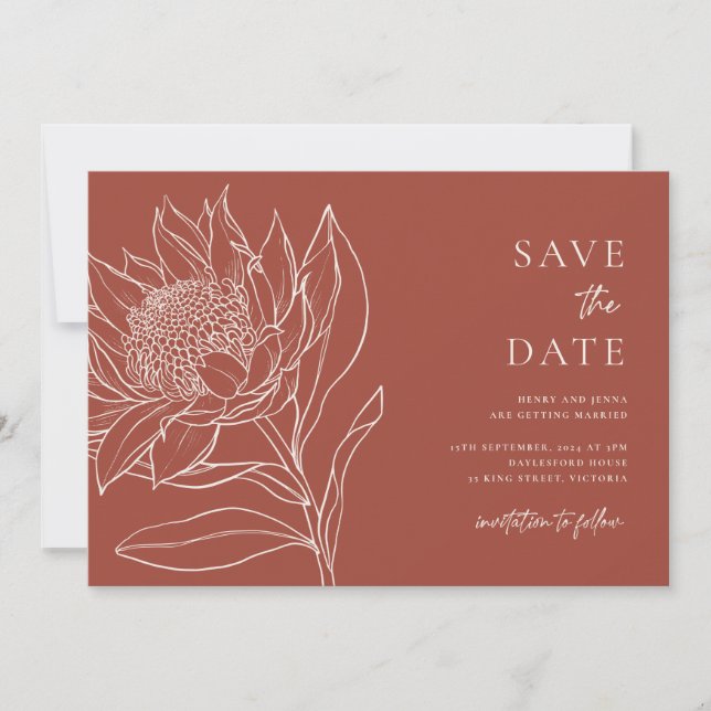 Australische Ureinwohner Botanicals Waratah Protea Save The Date (Vorderseite)