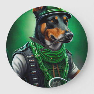 Australischer Kelpie fährt Fahrrad am St. Patrick' Große Wanduhr