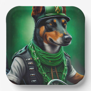 Australischer Kelpie fährt Fahrrad am St. Patrick' Pappteller