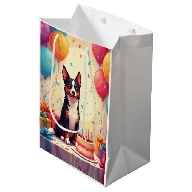 Australischer Kelpie-Geburtstagsfeier Mittlere Geschenktüte (Vorderseite Schrägansicht)