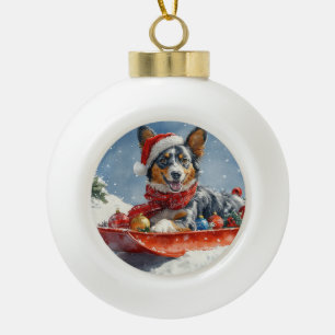 Australischer Kelpie im Schlitten Lass es schneien Keramik Kugel-Ornament