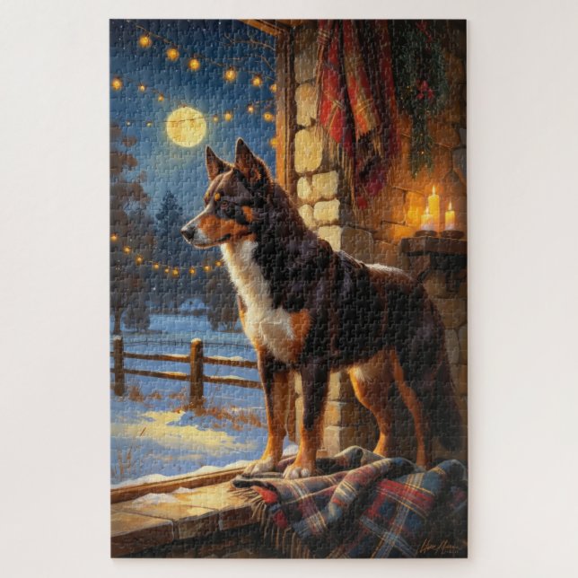 Australischer Kelpie mit Weihnachtslichtern Feiert Puzzle (Vertikal)