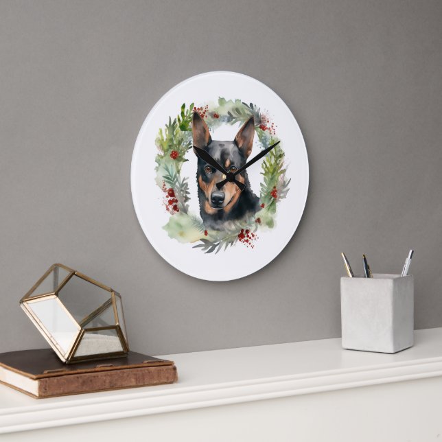 Australischer Kelpie Weihnachtswreath Große Wanduhr (Büro)