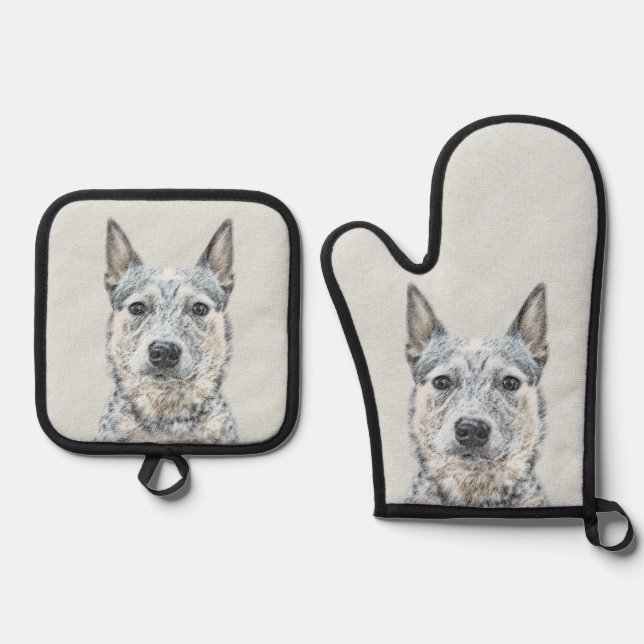 Australischer Rinderhund Blue Heeler Original Hund Ofenhandschuh & Topflappen-Set (Vorderseite)