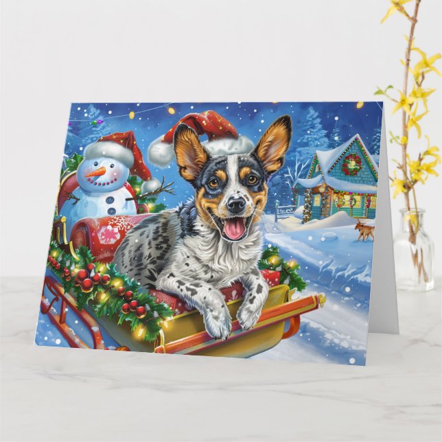 Australischer Rinderhund in Sleigh Snow Weihnachte Karte (Gelbe Blume)