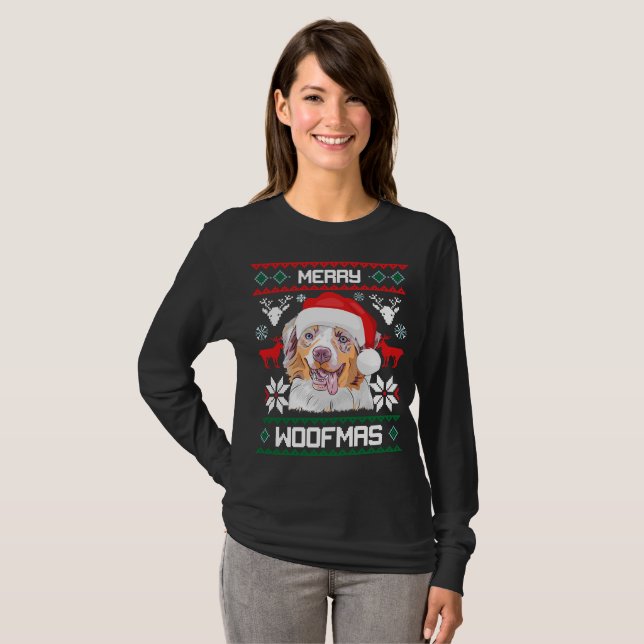 Australischer Schäfer frohe Woofmas Weihnachten T-Shirt (Vorne ganz)