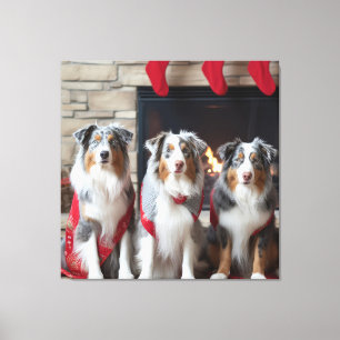 Australischer Schäferhund am Kamin Weihnachten Leinwanddruck