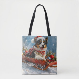 Australischer Schäferhund auf Schlitten Weihnachte