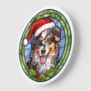 Australischer Schäferhund Buntglas Weihnachten Große Wanduhr