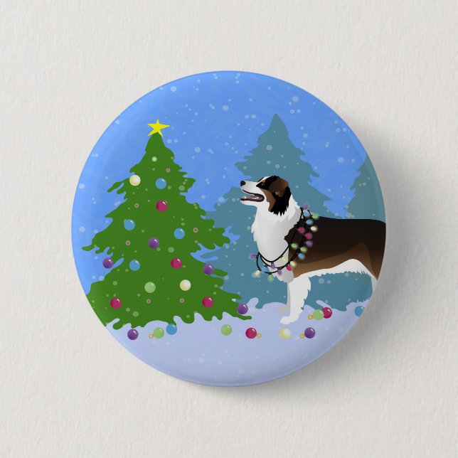 Australischer Schäferhund dekoriert Weihnachtsbaum Button (Vorderseite)