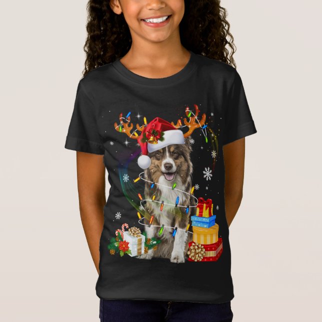 Australischer Schäferhund Dog Lights Weihnachtsman T-Shirt (Vorderseite)