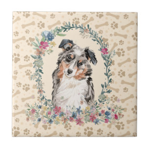Australischer Schäferhund Dog Paw Print Floral Ni Fliese