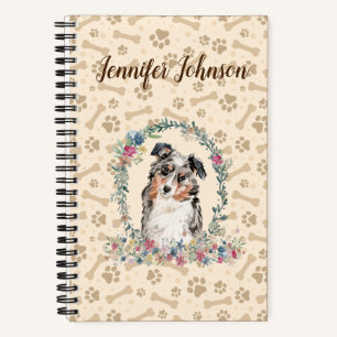 Australischer Schäferhund Dog Paw Print & Floral  Notizbuch