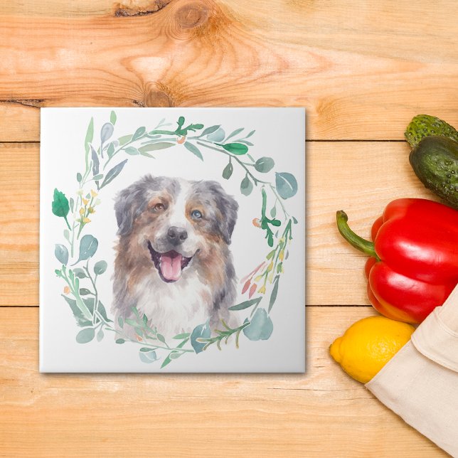 Australischer Schäferhund Dog Watercolor Wreath Fliese (Von Creator hochgeladen)