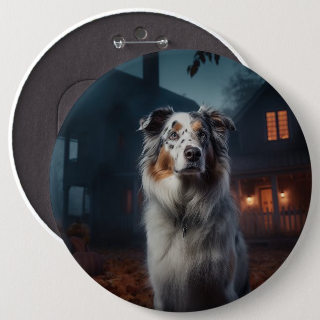 Australischer Schäferhund Halloween Beängstigend Button (Vorne & Hinten)