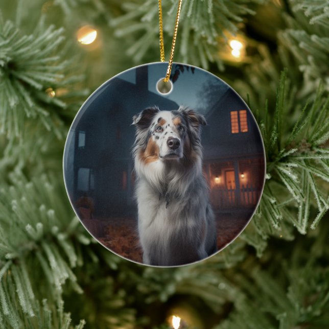 Australischer Schäferhund Halloween Beängstigend Keramik Ornament (Baum)