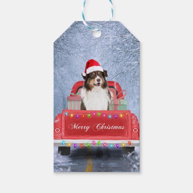 Australischer Schäferhund Hund im Schnee Weihnacht Geschenkanhänger (Vorderseite)